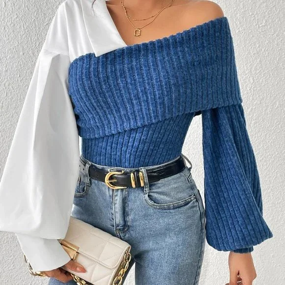 Color Block Asymmetrical Neck Lantern Sleeve Top black white - Picture 1 of 5